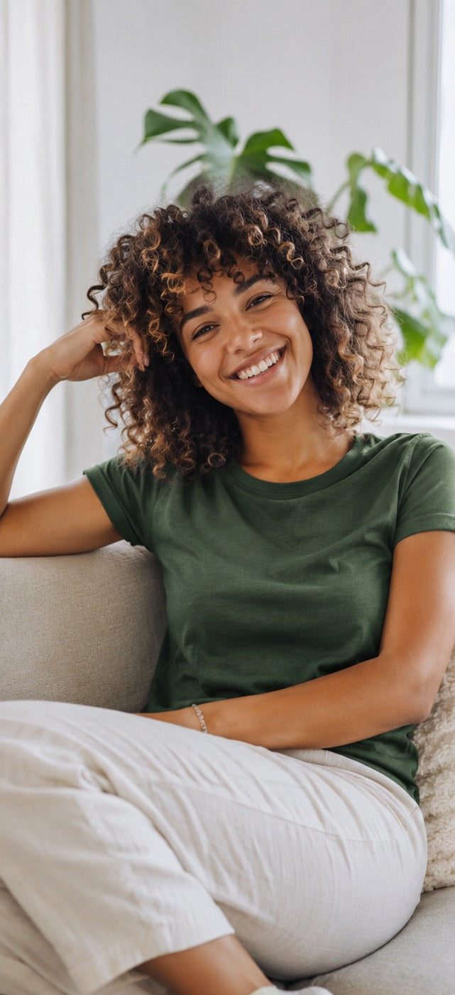Smiling at home on the sofa